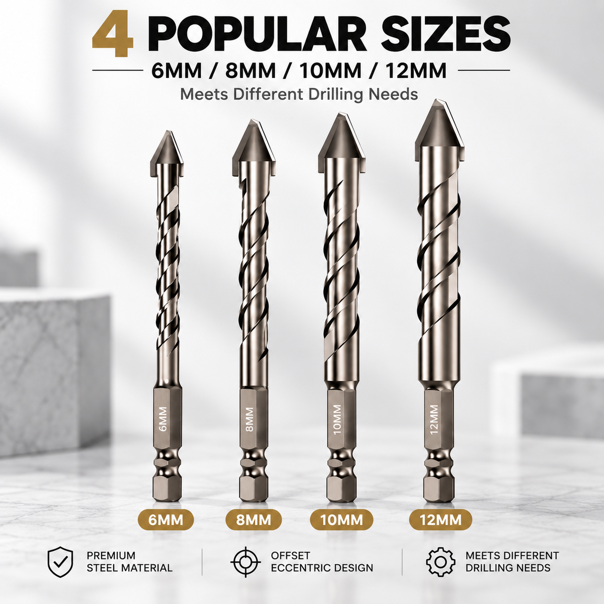 NOZOMI Offset Eccentric Tile Drill Bits | 6–12 mm & 4-Piece Set