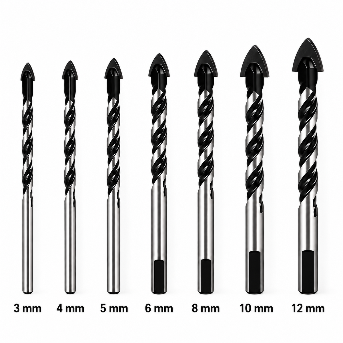 NOZOMI arrowhead tile and glass drill bits on white background, labeled 3, 4, 5, 6, 8, 10 and 12 mm Main image