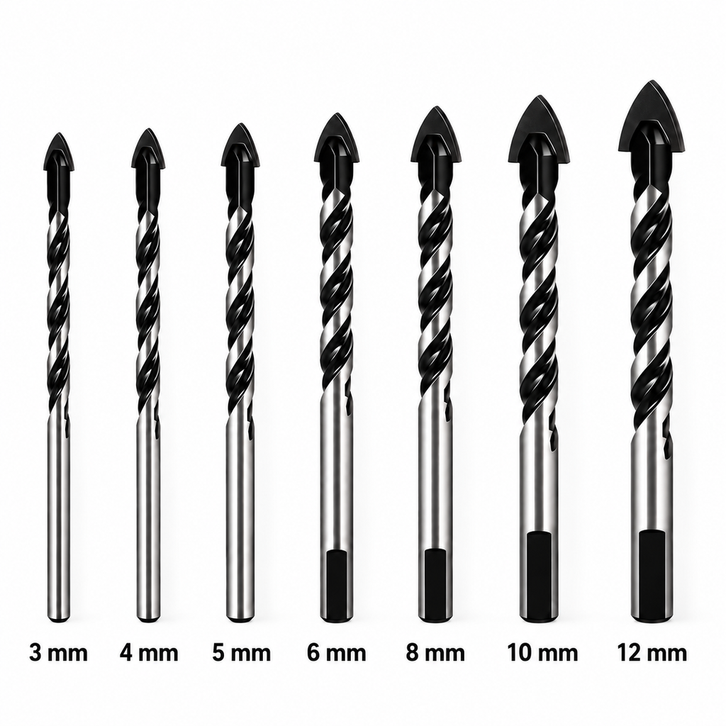 NOZOMI arrowhead tile and glass drill bits on white background, labeled 3, 4, 5, 6, 8, 10 and 12 mm