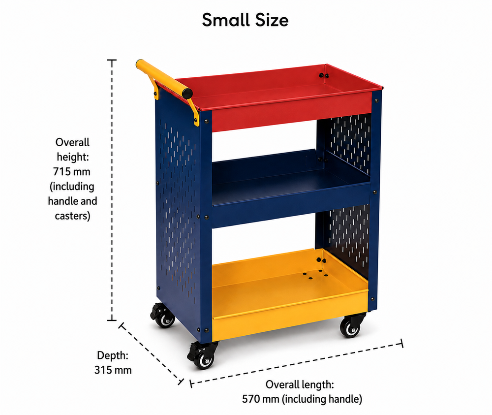 NOZOMI 3-Tier Pegboard Rolling Tool Cart small size dimensions 570 x 315 x 715 mm