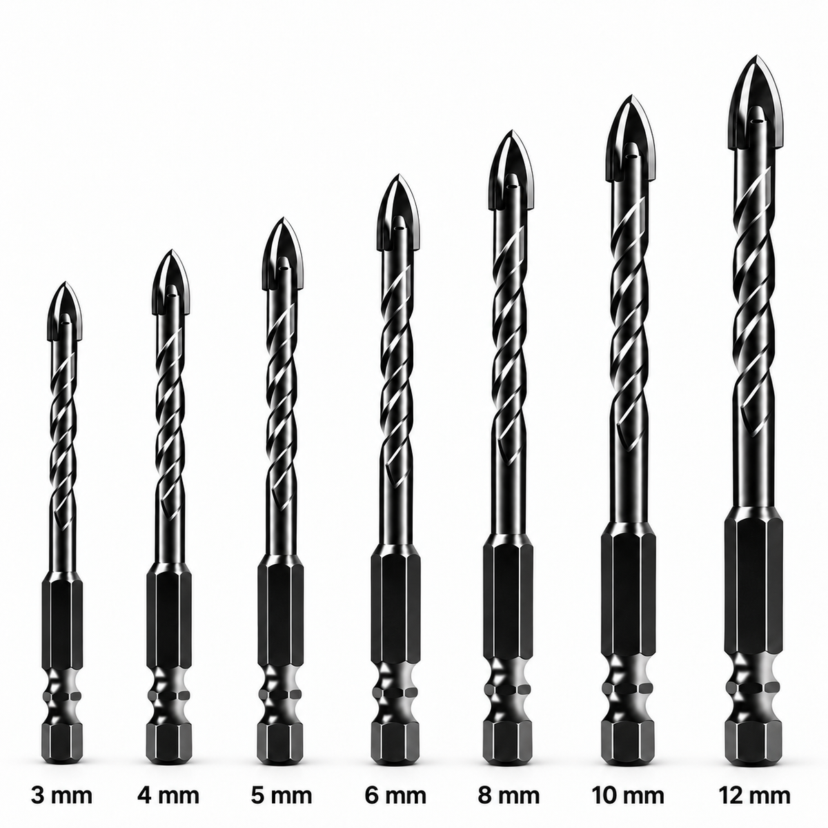 NOZOMI cross-tip drill bits on white background, labeled 3, 4, 5, 6, 8, 10 and 12 mm Main image