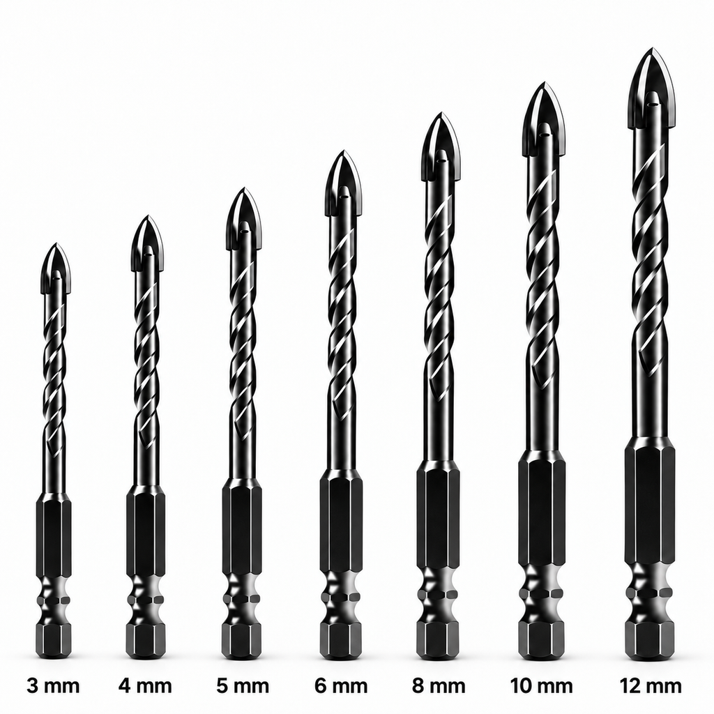 NOZOMI cross-tip drill bits on white background, labeled 3, 4, 5, 6, 8, 10 and 12 mm