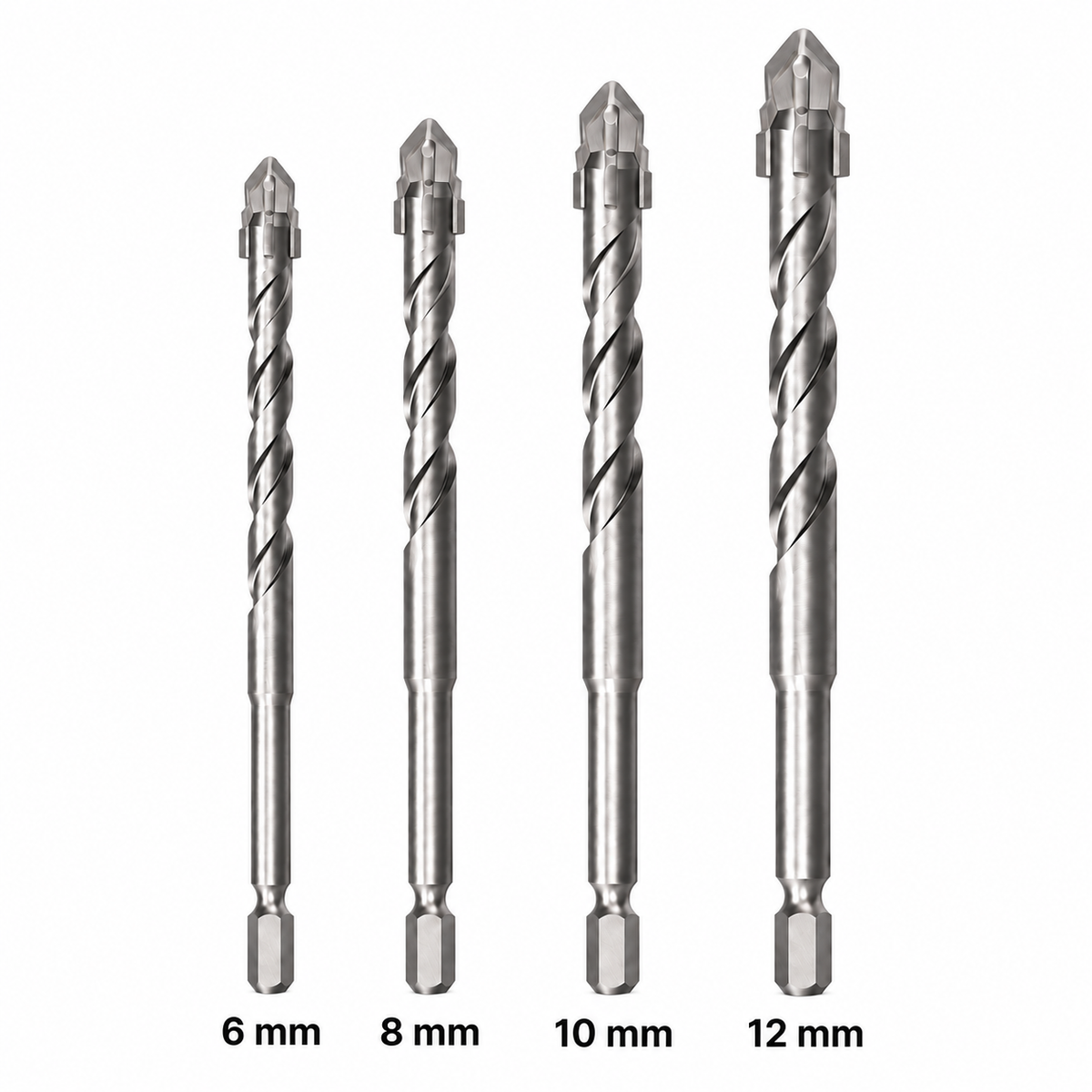 NOZOMI four-edge serrated masonry drill bits on white background, labeled 6, 8, 10 and 12 mm Main image