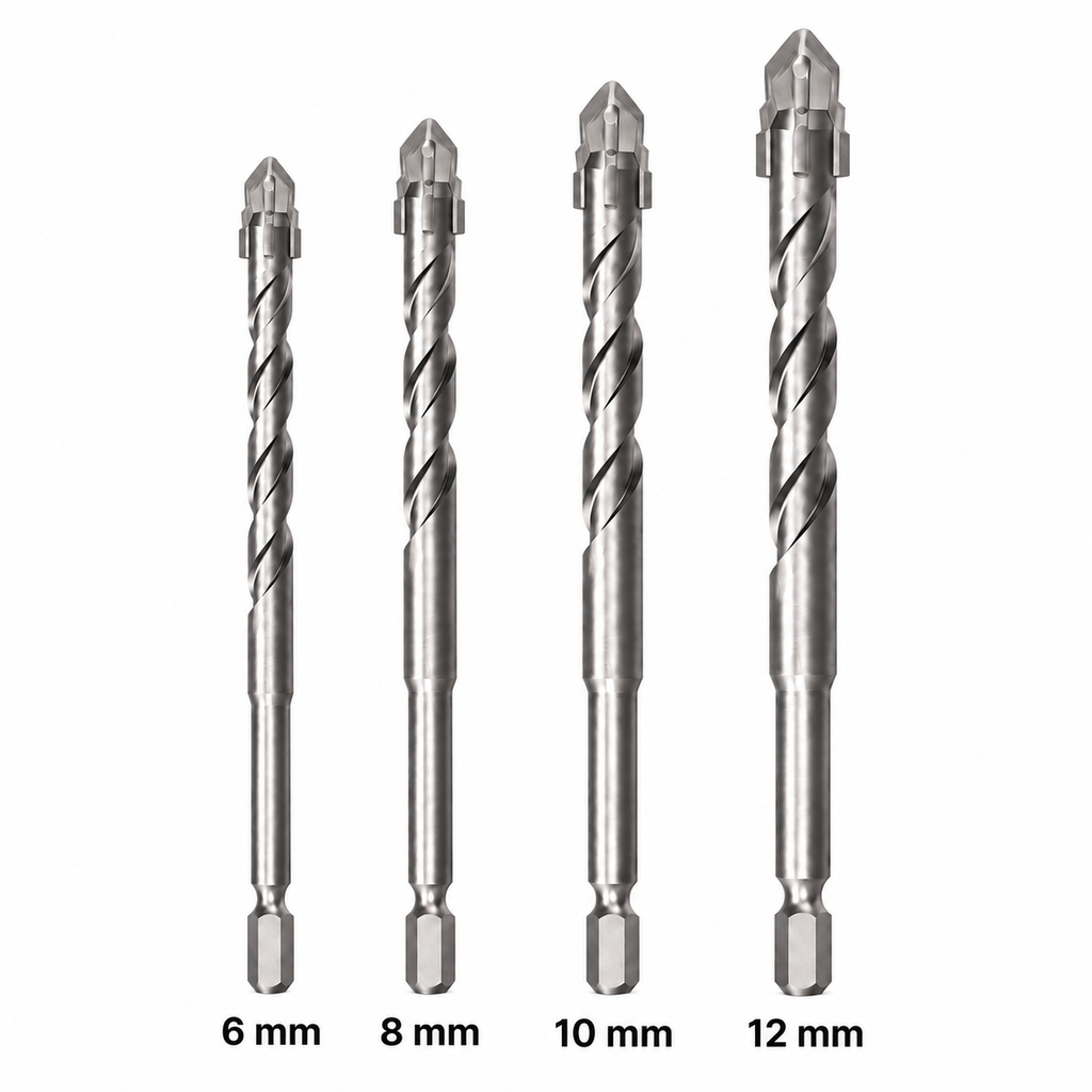 NOZOMI four-edge serrated masonry drill bits on white background, labeled 6, 8, 10 and 12 mm