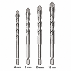 NOZOMI four-edge serrated masonry drill bits on white background, labeled 6, 8, 10 and 12 mm
