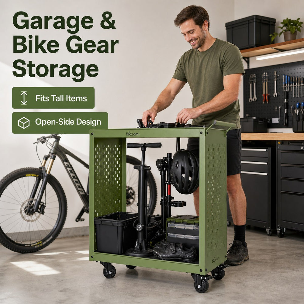 NOZOMI 2-tier open-side pegboard rolling cart for garage and bike gear storage