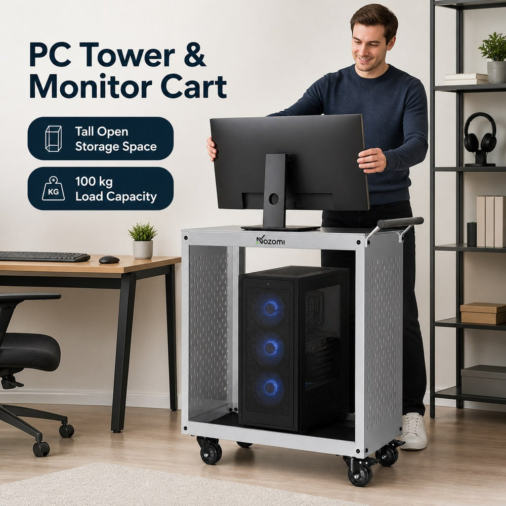 NOZOMI 2-tier open-side pegboard rolling cart for PC tower and monitor storage