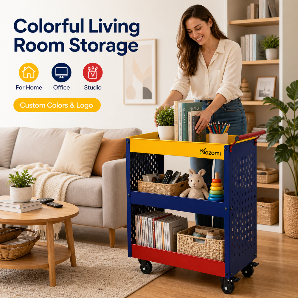 NOZOMI 3-tier colorful pegboard rolling cart for living room storage with custom colors and logo