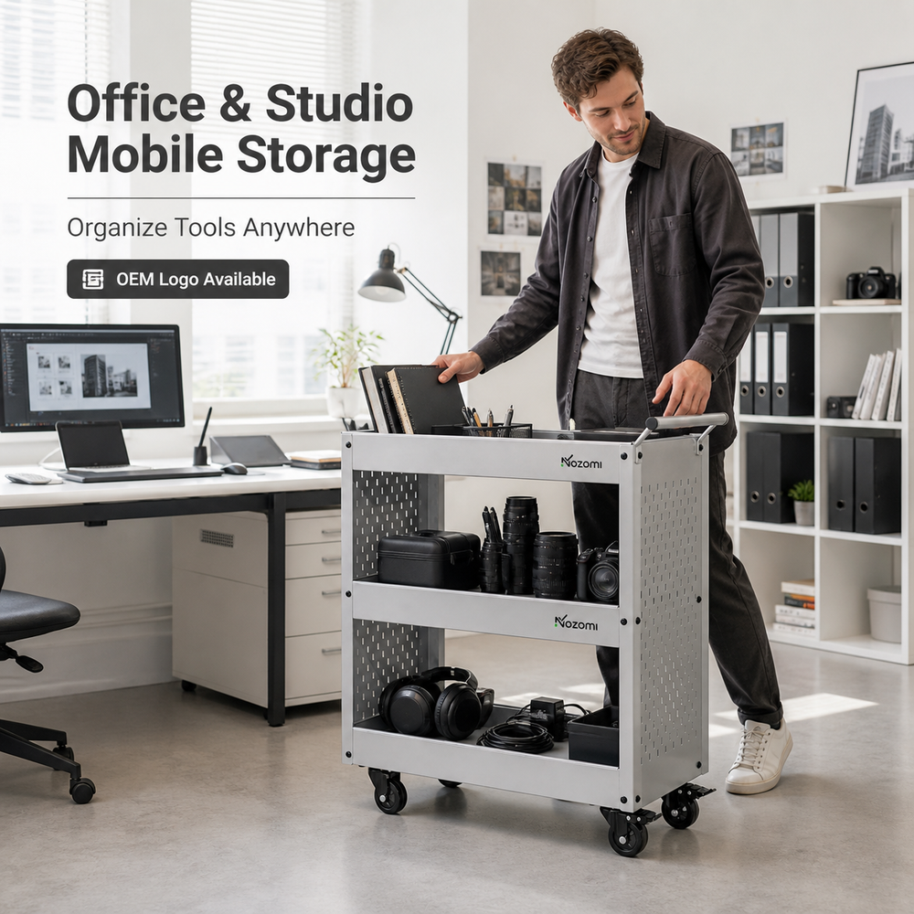 NOZOMI 3-tier mobile storage cart for office and studio organization with OEM logo option