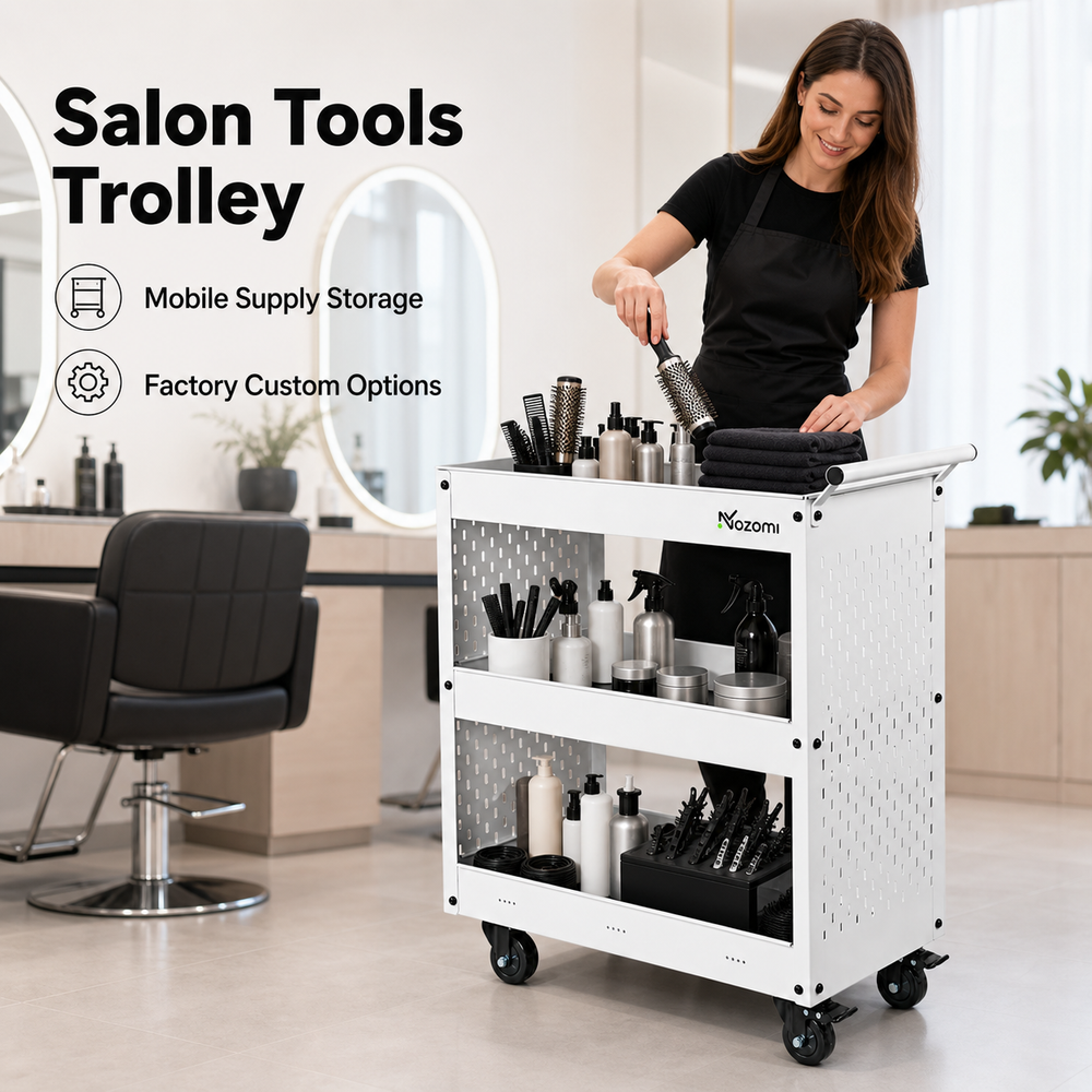 NOZOMI 3-tier pegboard trolley for salon tools and supplies with mobile storage