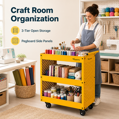 NOZOMI 3-tier rolling pegboard cart for craft room organization with open storage shelves