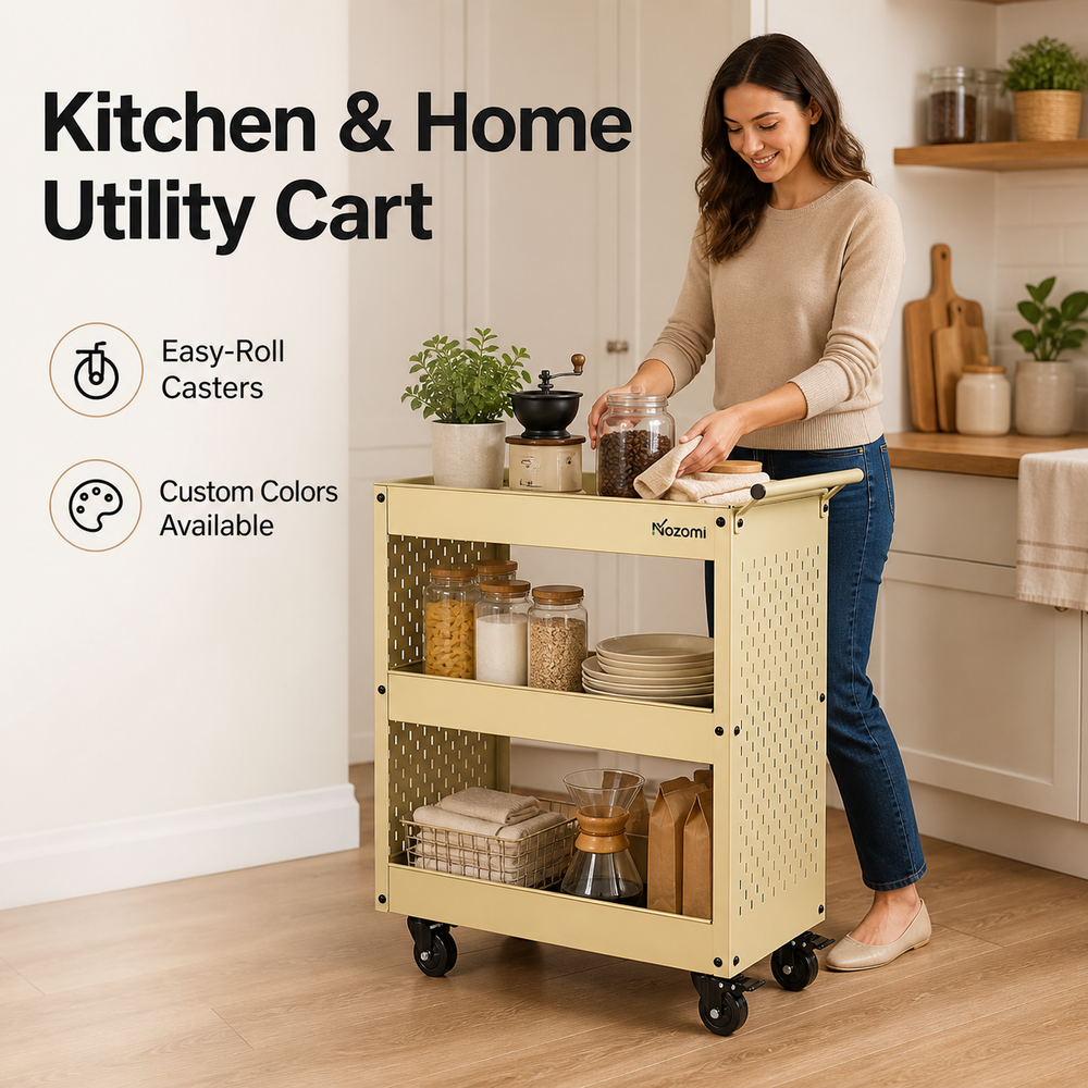 NOZOMI 3-tier utility storage cart for kitchen and home use with easy-roll casters