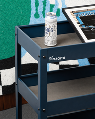 NOZOMI blue metal rolling cart tray and logo detail