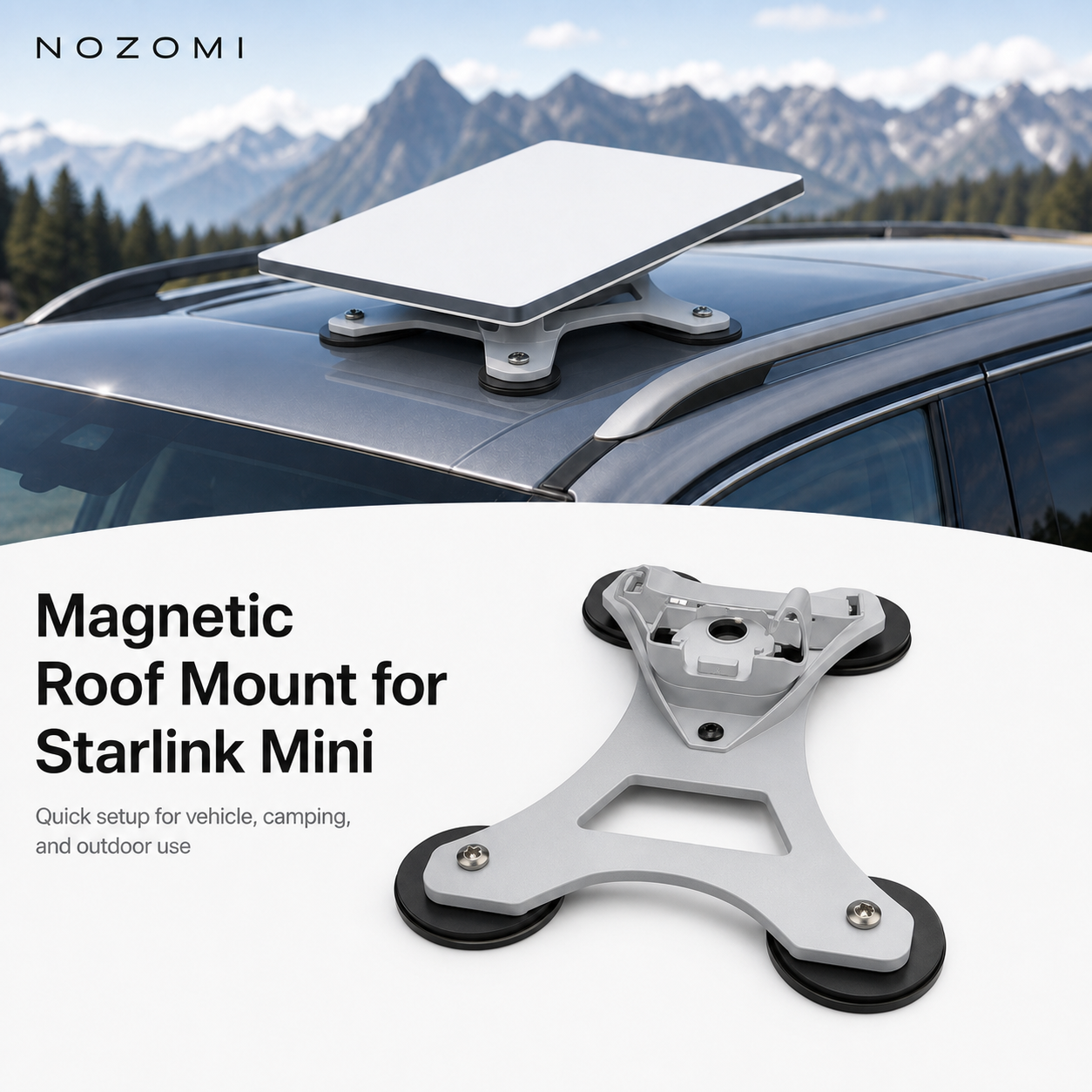 NOZOMI magnetic roof mount for Starlink Mini on vehicle roof