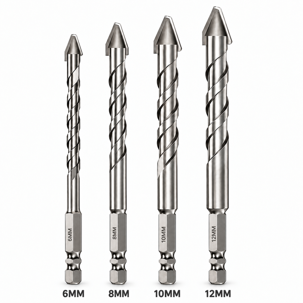 NOZOMI offset eccentric tile drill bits on white background, labeled 6, 8, 10 and 12 mm