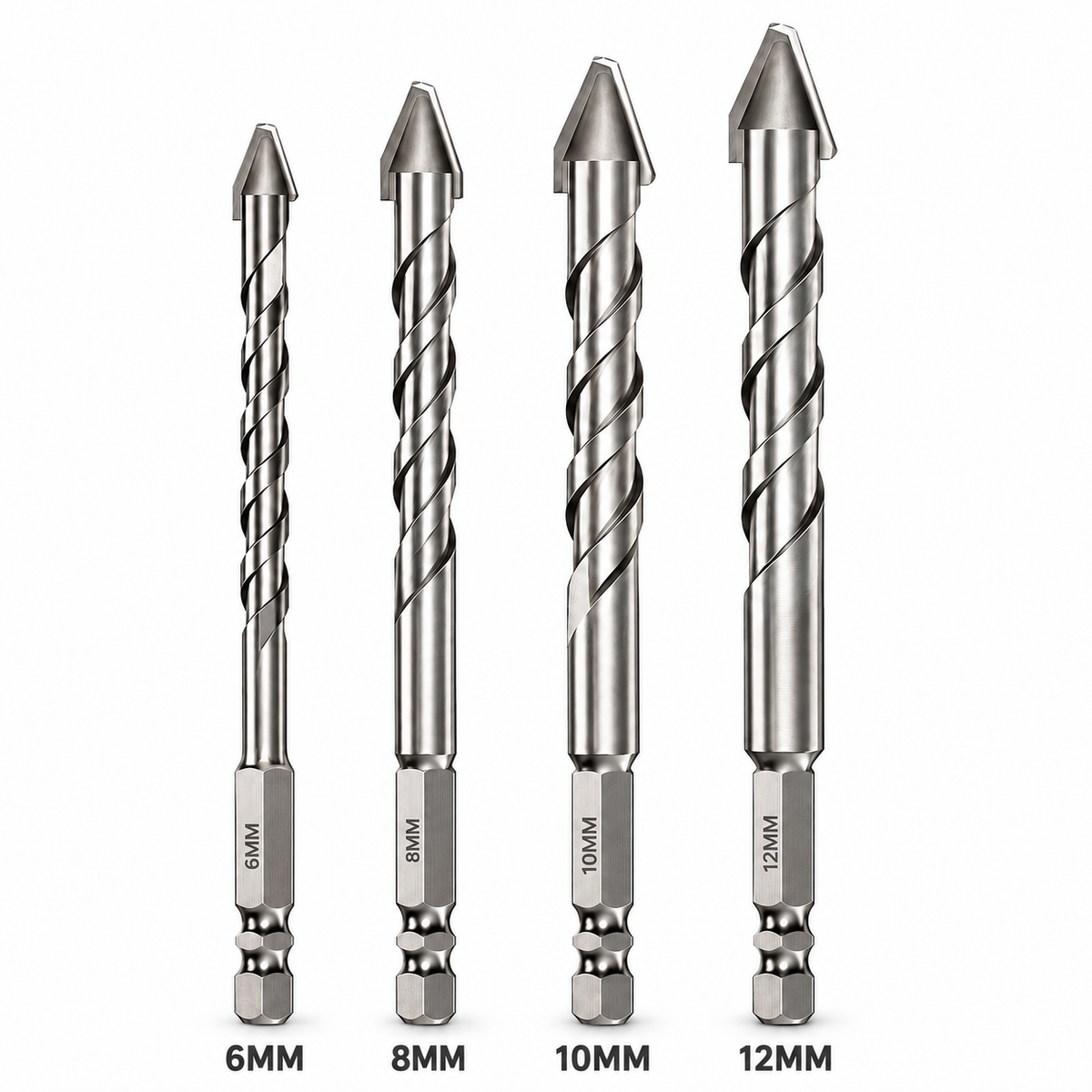 NOZOMI offset eccentric tile drill bits on white background, labeled 6, 8, 10 and 12 mm