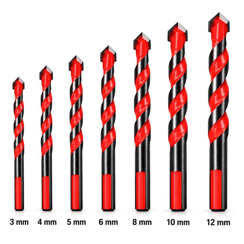NOZOMI red spiral carbide-tip drill bits on white background, labeled 3, 4, 5, 6, 8, 10 and 12 mm