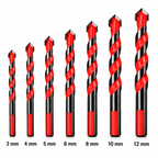 NOZOMI red spiral carbide-tip drill bits on white background, labeled 3, 4, 5, 6, 8, 10 and 12 mm